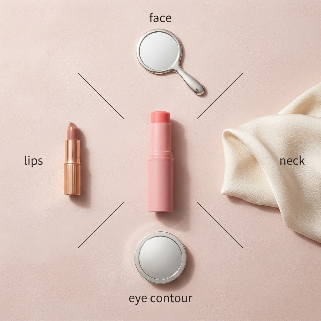 De stick tussen een spiegel, handtas, compact en lipstick